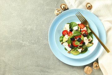 Concept of tasty food, salad with strawberry, space for text