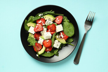 Concept of tasty food, salad with strawberry, top view