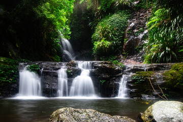 Fototapeta na wymiar Beautiful unique magical Elabana Falls in Lamington National Park near Gold Coast. Hidden waterfalls of Queensland, Australia