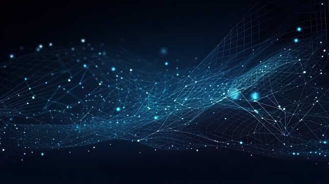 Blaue, Neuronale Netze 3D-Illustration. Big Data und Cybersicherheit. Datenstrom. Globale Datenbank und k&uuml;nstliche Intelligenz. Farbenfroher Hintergrund mit Bokeh-Effekt (GenerativeAI)