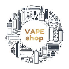 Vape shop round frame for product design. Cigarettes, liquid vaporizers, marijuana leaf. Vector isolated on white background.