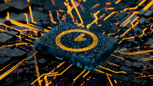 Time Technology Concept with clock symbol on a Microchip. Data flows from the CPU across a Futuristic Motherboard. 3D render.
