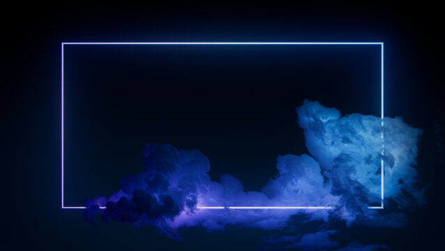 Trendy Background Design. Cloud Formation with Blue and Purple, Rectangle shaped Neon Frame.