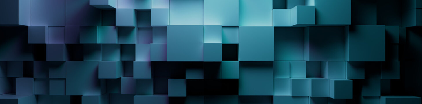 Turquoise and Purple, Multisized Blocks Neatly Constructed to create a Innovative Tech Background. 3D Render.