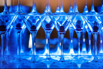 Lots of martini cocktails with cherry with blue backlight. Bartender show.