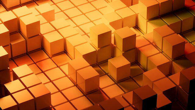 Orange and Yellow, Glossy Cubes Precisely Arranged to create a Contemporary Tech Wallpaper. 3D Render.