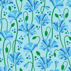 Raster illustration. Striped blue poppy pattern with dots on sky blue background  seamless repeat pattern. Best for home décor , packaging and wallpaper.