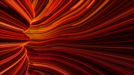 Orange, Yellow and Red Colored Curves form Colorful Lines Tunnel. 3D Render.