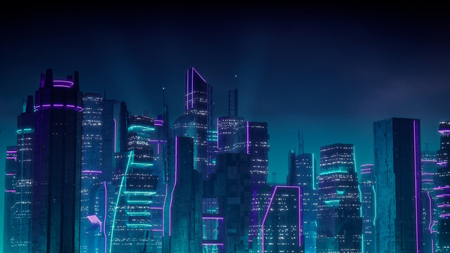 Sci-fi Cityscape with Purple and Cyan Neon lights. Night scene with Futuristic Architecture.
