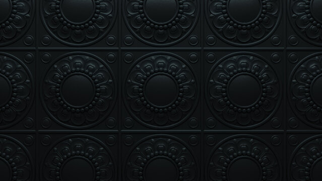 Black 3D Stucco Pattern Background. Classical Dark Decorative Wallpaper.