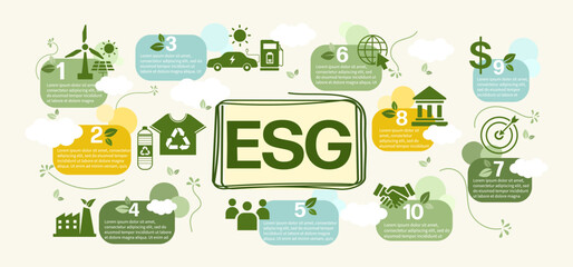 ESG concept icon for business and organization, Environment, Social, Governance and sustainability development concept with flat infographic design vector illustration - obrazy, fototapety, plakaty