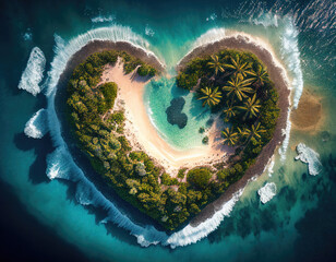 Aerial view of Pacific Island in the Shape of a Heart. Love Travel Concept. Generative AI.