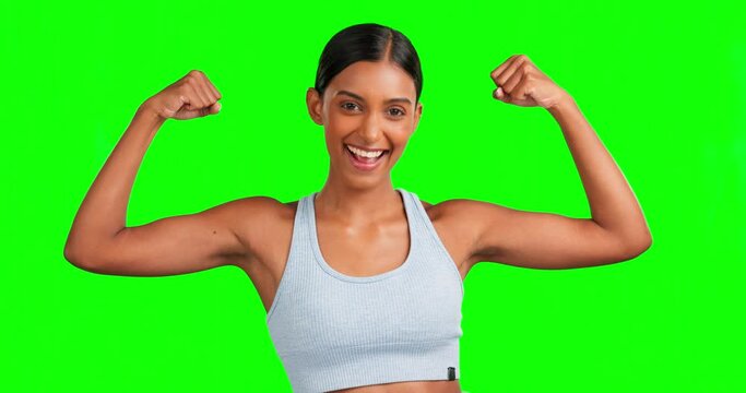 Green screen, face and happy woman flexing muscles in workout, fitness or exercise and empowerment motivation, goals or success. Sports portrait, strong or athlete biceps on isolated training mockup