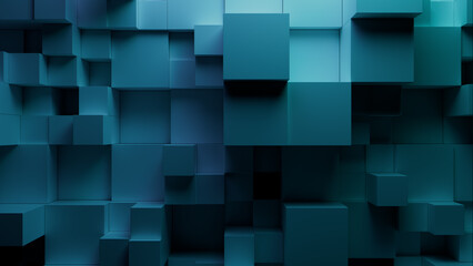 Modern Tech Wallpaper with Neatly Arranged Multisized Cubes. Teal and Turquoise, 3D Render.