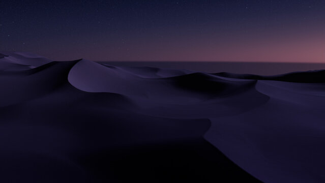 Desert Landscape with Sand Dunes and Pink Gradient Starry Sky. Empty Contemporary Background.