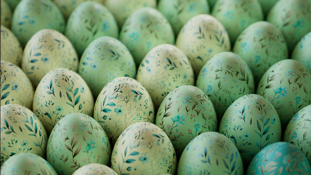 Collection of Perfectly arranged Eggs with Floral Patterns. Green and Blue Easter Background.