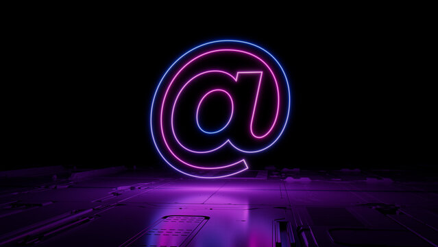 Pink and Blue neon light @ icon. Vibrant colored Email technology symbol, on a black background with high tech floor. 3D Render