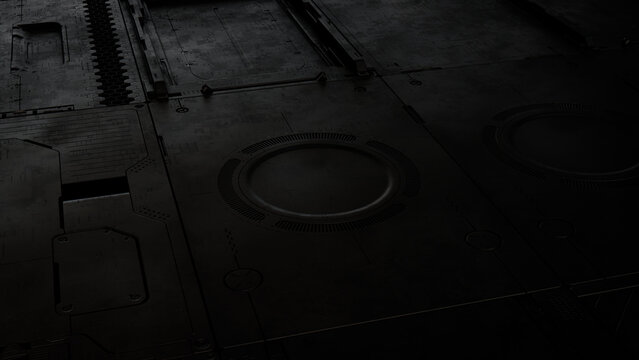Black, Tech Background with Sci-Fi 3D Panels. Dark, Futuristic style. 3D Render.