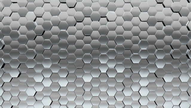 Hexagonal Mosaic Tiles arranged in the shape of a wall. Luxurious wall. Polished, 3D Bullion stacked to create a Silver block background. 3D Render