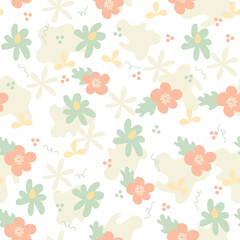White background with pink flowers and leaves. Decorative seamless pattern for wrapping paper, wallpaper, textile, greeting cards and invitations.