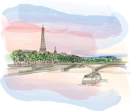 Paris Eiffel Tower and famous river Seine in Paris, France. Vector illustration for travel magazine, social media, poster, calendar
