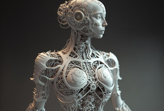 Mechanical android girl, a tangle of wires and technical elements. Humanoid robot woman, complex sci-fi model. White cyberpunk character on dark background. AI generated.