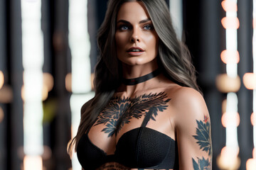 Photo of female with tattoos in cleavage outfit. Generative AI. - obrazy, fototapety, plakaty
