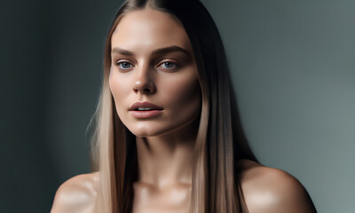Fototapeta premium Young woman posing without clothes. Long light hair. Generative AI.