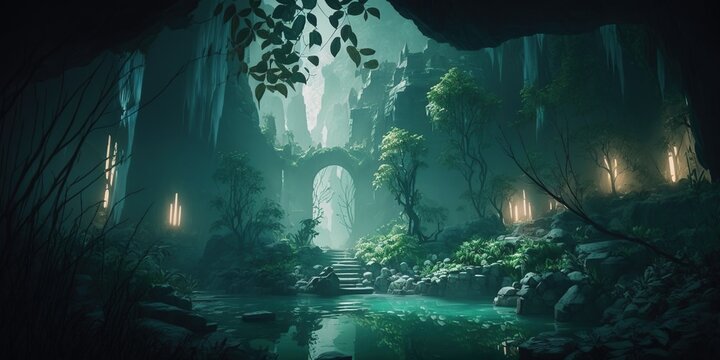 A fantastic mystical landscape of the elven gorge. Grim mountains, trees, and a stream. A magical place in the middle of the forest illuminated by magical lanterns, fireflies. AI generated.