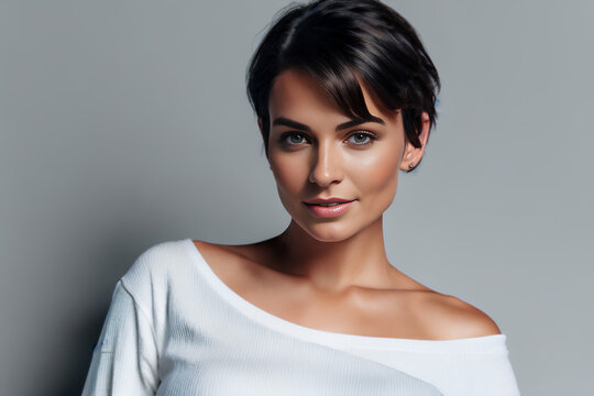 Female woman with short, dark hair. Wearing white shirt. Looking into camera. Blurry background. Generative AI.