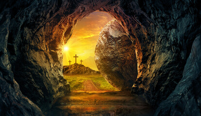 Empty tomb of Jesus with crosses in the background. - obrazy, fototapety, plakaty