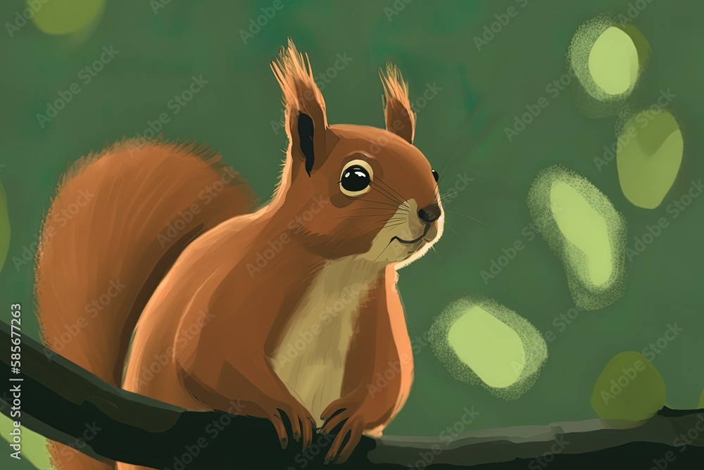 Poster a close-up of a squirrel, likely a common squirrel, perched on a tree limb against a hazy green back