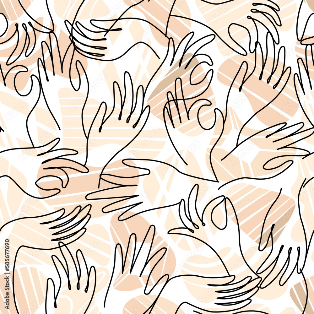 Poster seamless vector pattern with hands and different gestures line art.