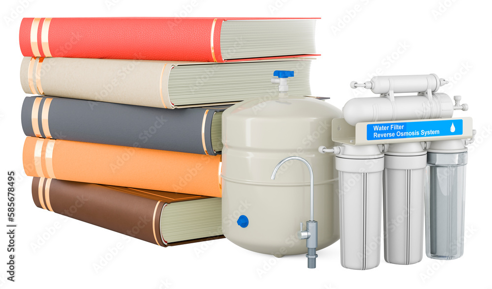 Aufkleber reverse osmosis system with books, 3d rendering