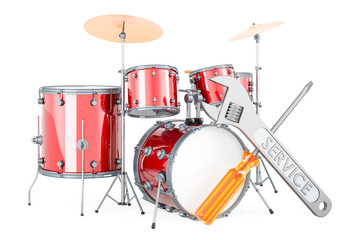 Drum kit with screwdriver and wrench, 3D rendering