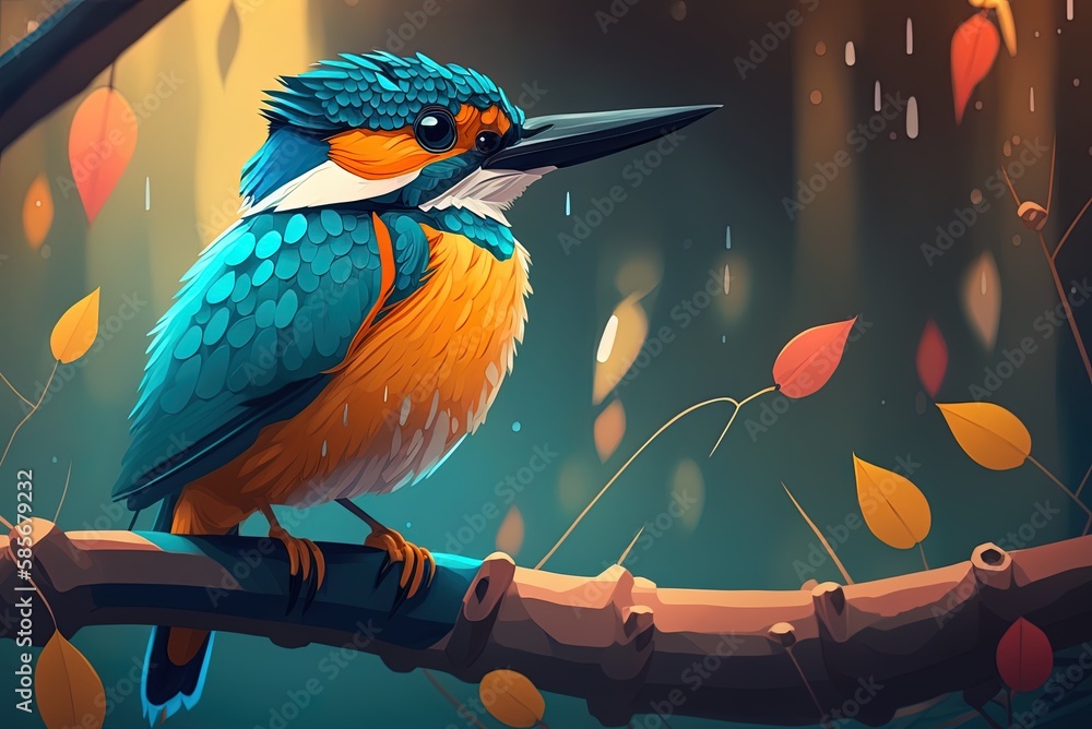 Poster image shows a common kingfisher in closeup, preening its feathers while sitting on a branch. generat