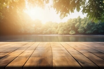 Naklejka na ściany i meble rustic wooden table overlooking a tranquil river. Generative AI