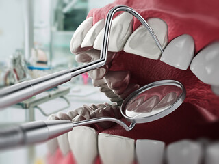 Human teeth model and professional dentist tools on dental clinic background. 3D illustration