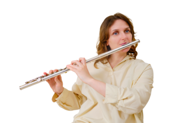 A woman with a flute is playing at home on the sofa in the living room, isolated on a white background
