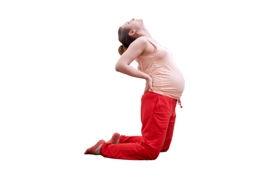 Pregnant woman does yoga at home and does exercises in the back band pose, isolated on a white background