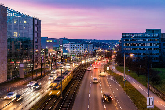 Germany, Baden-Wurttemberg, Stuttgart, Blurred motion of traffic on Bundesstrasse 27 at dusk