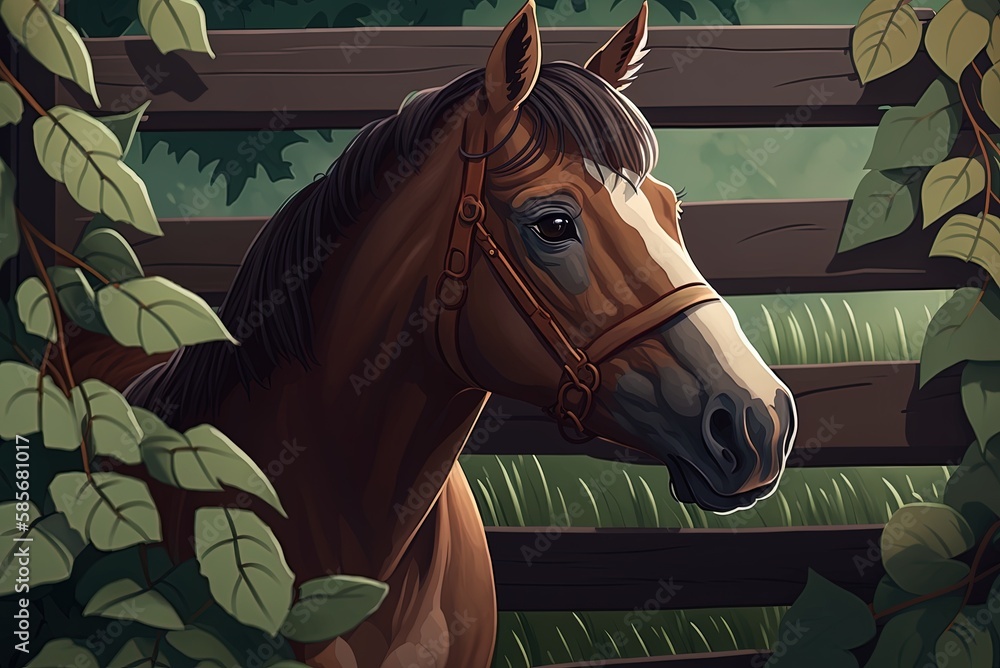 Poster a brown horse in the front and some trees and grass in the background generative ai