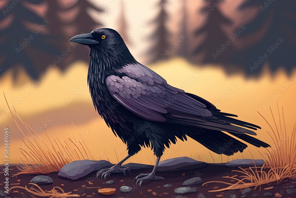 Poster image shows a black common raven in close-up motion on the ground. generative ai