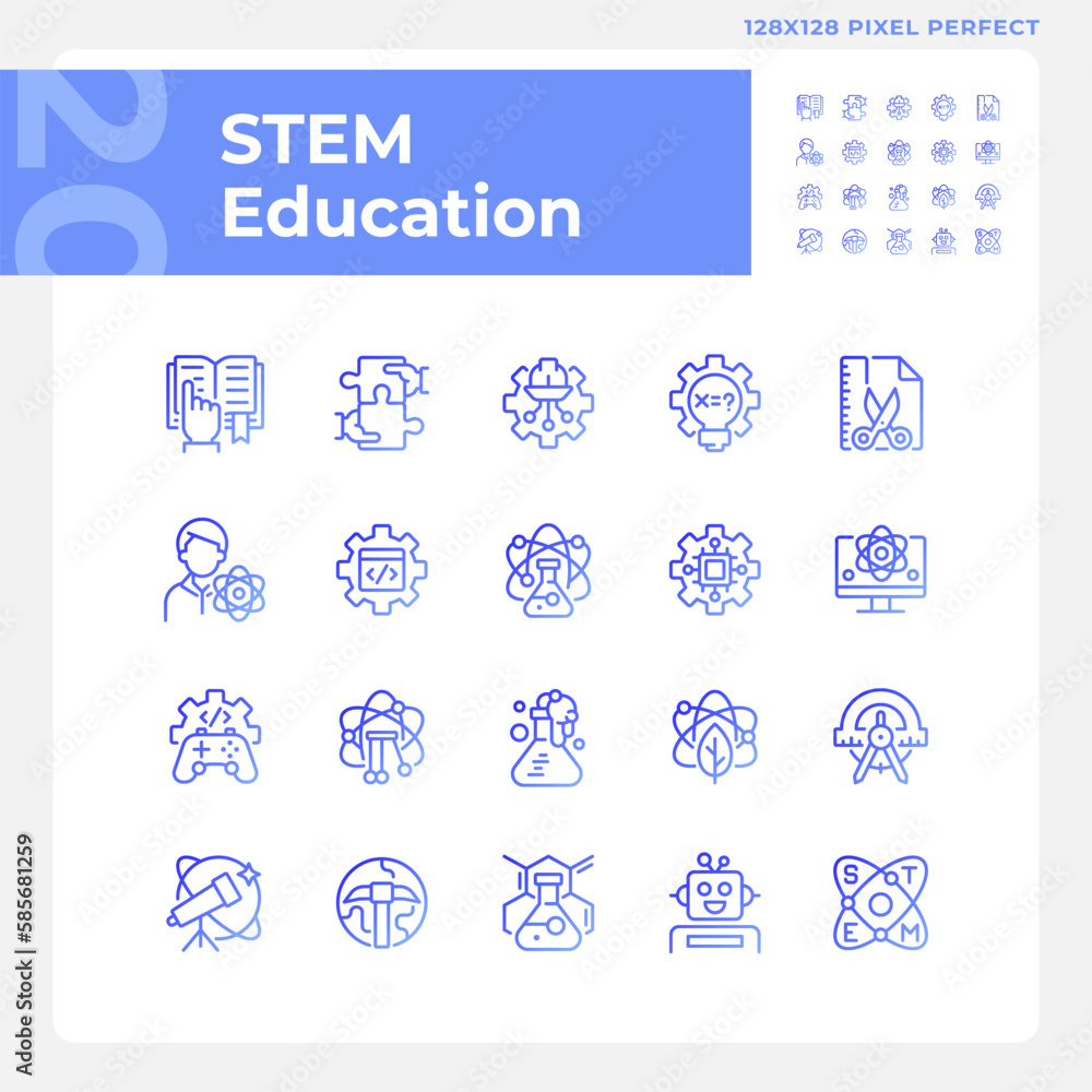 Poster stem education pixel perfect gradient linear vector icons set. integrate computing technology. stude