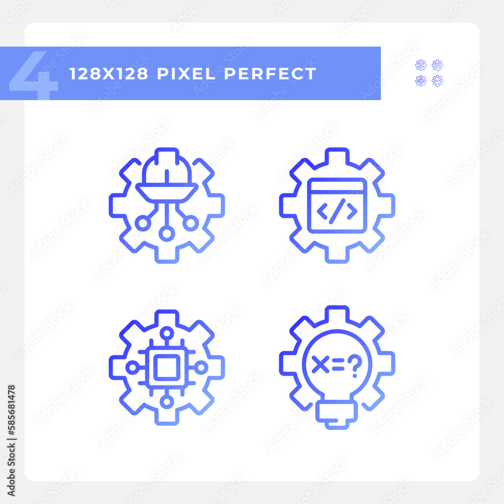 Poster stem technology settings pixel perfect gradient linear vector icons set. digital science lessons. ed