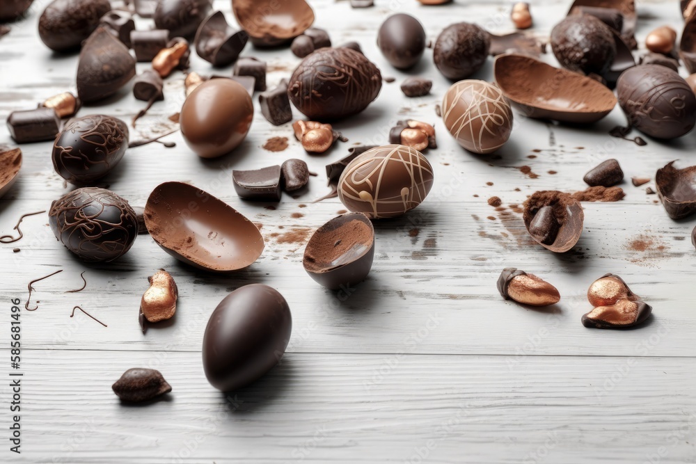 Poster table filled with colorful chocolate eggs of various sizes and designs. generative ai
