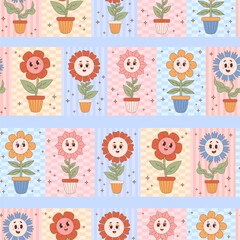 Groovy retro seamless pattern. Flowers power in pots on multi-colored background. Vector Illustration. Aesthetic modern art daisy flower for wallpaper, design, textile, packaging, decor