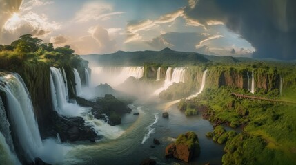 Stunning Brazilian landscape featuring golden hour falls, river, and mountains. AI GENERATED.