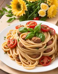 Homemade pasta with herbs, cherry tomatoes, cheese, food decorations and flowers - 585681486