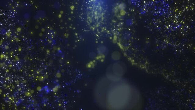 Abstract animation of the fall with the deceleration of a drop from blue and yellow particles into a blue liquid. 4K. 3D render.